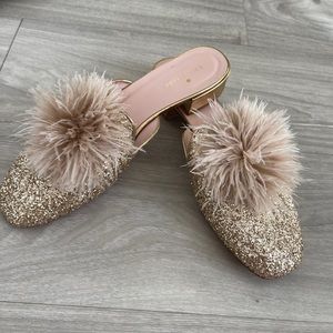 Kate Spade Glitter Gold Feather Pom Gala Slide Mules